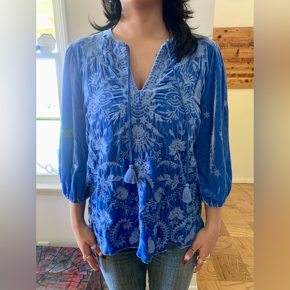 Johnny Was blue crushed velvet blouse